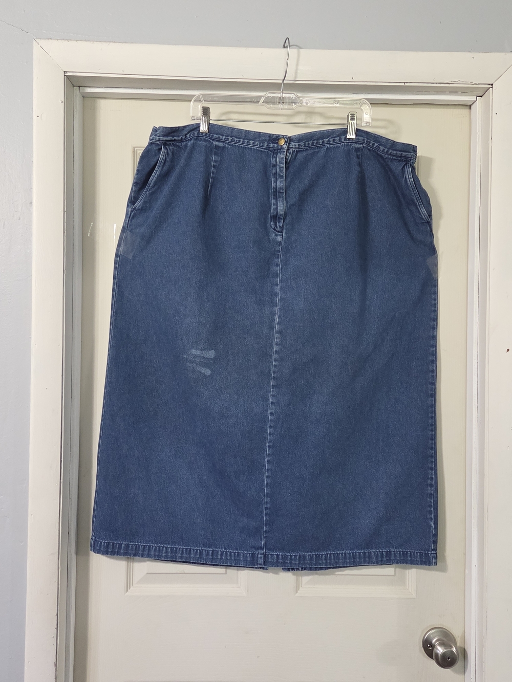 Vintage Bechamel Plus Size Blue Denim Maxi Skirt Modest Midi Jean Skirt w/Pocket
